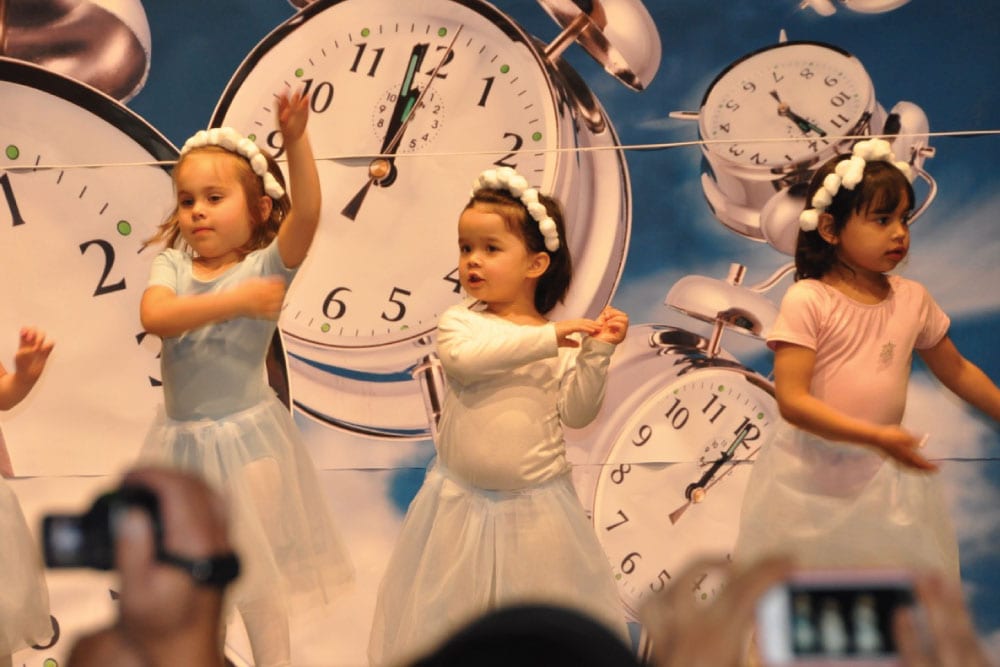 children dancing in recital in front of backdrop